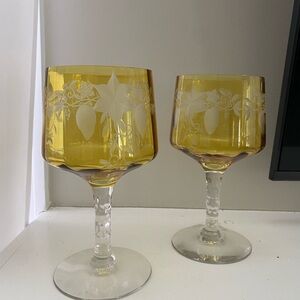 Vintage Elegant Yellow/ Amber Colored Etched Crystal Wine Glasses ( Set of 2)
